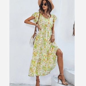Aakaa Floral Ruffle Hem Flutter Sleeve Maxi Dress